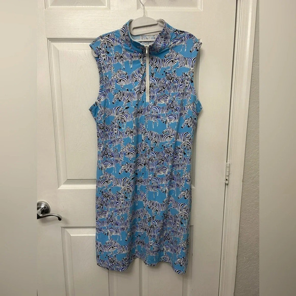 ! Ladies IBKUL GINO Blue Black White Zebra Sleeveless Mock Golf Dress XL - Picture 1 of 4
